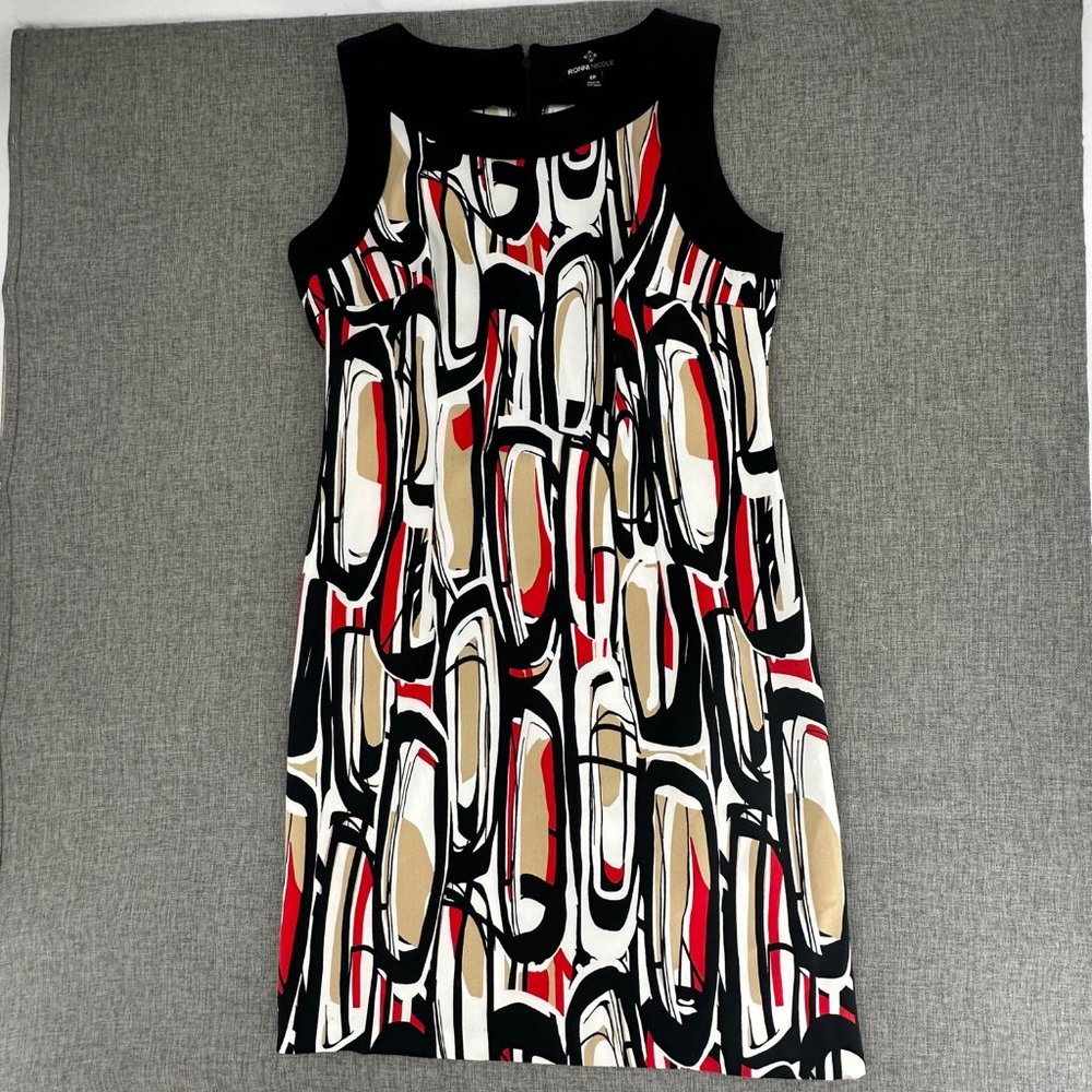 Ronni Nicole Shift Dress 6 Petite Black Trim Red White Tan‎ Polyester & Spandex